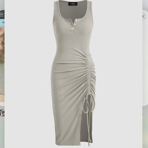 ShopCider Rib Button Drawstring Midi Dress